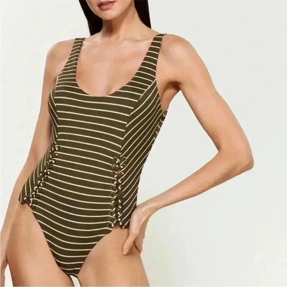 NEW RED CARTER LACED OLIVE STRIPED ONE PIECE SWIMSUIT SIZE 8/M - Picture 1 of 10